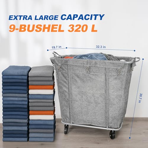 PLKOW Laundry Cart with Wheels 320L Large Rolling Laundry Cart for Commercial/Home, Rolling Laundry Basket with Steel Frame and Waterproof Lining, 9 Bushel, 32.3L x 19.7W x 30.7H Inch, Grey - color: Grey-320L