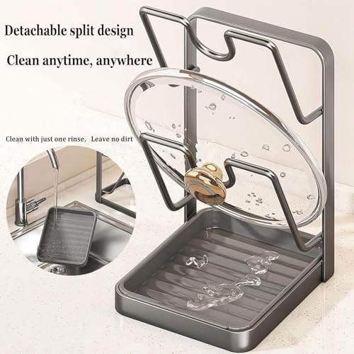 Kitchen Pot Lid Storage Rack, Carbon Steel Pot Lid Holder with Spoon Rest While Cooking, Multifunctional Countertop Organizer with Removable Drip Tray for Cutting Boards, Ladles
