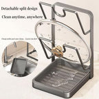 Kitchen Pot Lid Storage Rack, Carbon Steel Pot Lid Holder with Spoon Rest While Cooking, Multifunctional Countertop Organizer with Removable Drip Tray for Cutting Boards, Ladles