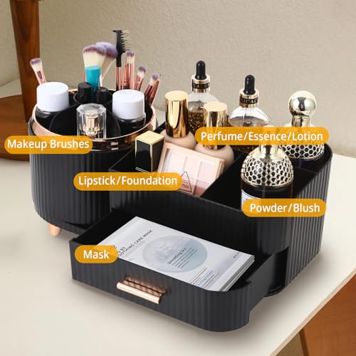 Makeup Organizer Countertop with Drawer 360 Rotating Brush Holder Storage Large Capacity Skincare Cosmetic Display Cases for Vanity Bathroom Desktop, Model 3016 Black - color: Black