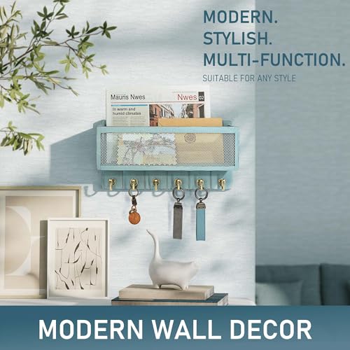 Rebee Vision Pine Wood Key Holder Wall Mount – Key Holder for Wall with Hooks and Mail Basket for Entryway – Home Improvement Gift Wooden Storage Shelf for Keys & Letters (Blue) - color: Blue