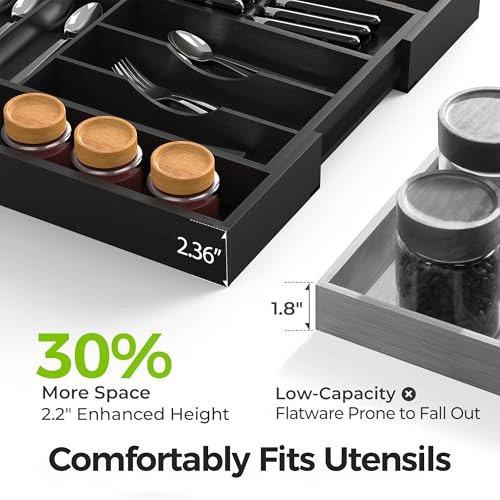Bamboo Kitchen Drawer Organizer, Expandable Silverware Organizer with Removable Knife Block, 6-8 Slots- Utensil Holder & Cutlery Tray Drawer Dividers, 2.36" Deep for Extra Capacity, Black - color: Black