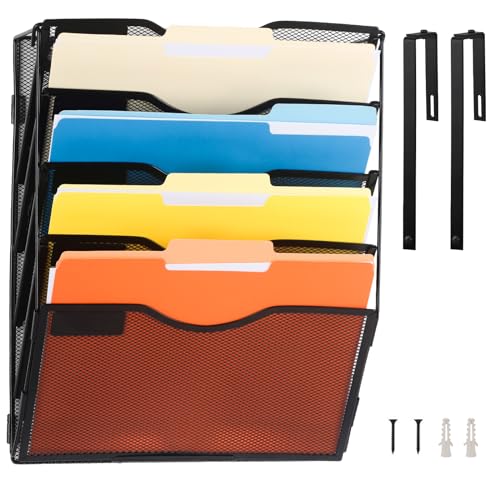 EASEPRES 5 Pocket Mesh Hanging Wall File Organizer with Hangers & Nametag Label, Wall Mounted Mail Paper Document Folder Holder, Clipboard Storage Organization Magazine Rack for Office Cubicle, Black - color: Black, size: 5 Tier & Hangers