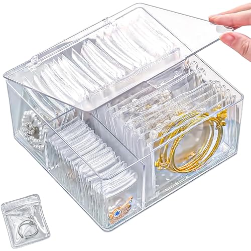 4 In 1 Acrylic Jewelry Organizers and Storage with 60 Portable Anti Tarnish Jewelry Bags, Clear Jewelry Box Organizer, Travel Jewelry Case for Earrings/Rings/Necklaces for Women Girls - style: 4-in-1 Jewelry Box