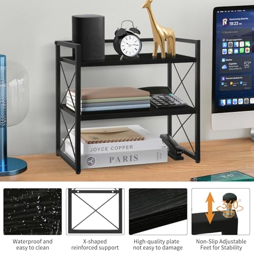 YINMIT Desktop Shelf Organizer, 2 Tier Office Shelves, Wood Desk Organizer Storage Rack and Freestanding Display Shelf for Office, Dormitory, Home(Black) - color: Black