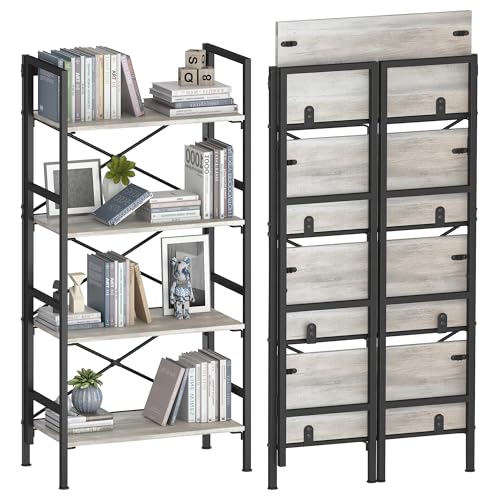 Homeiju Folding Bookshelf,4 Tier Bookcase Foldable Shelf with X-Bracket Design, Adjustable Feet, Space Saving Storage for Living Room, Office, Brownish - color: Brownish, size: 4 Tier