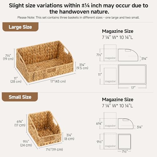 StorageWorks Water Hyacinth Pantry Storage Baskets, Wicker Baskets with Built-in Handles, Handwoven Shelf Baskets for Organizing, Pantry Organizers and Storage, 3 Pack - color: Natural(Water Hyacinth), size: 17"L x 11"W x 7½"H + 2x 7½"L x 9½"W x 6¾"H