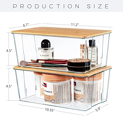 Hudgan 4 Pack Clear Plastic Storage Bins with Bamboo Lids, Stackable Storage Containers for Organizing Medicine Cabinet Organizer, Craft Room, Bread Box - color: Nature