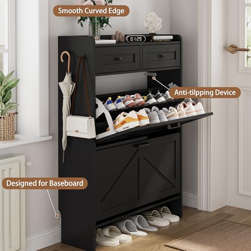 Shoe Cabinet with 2 Flip Drawers & 2 Top Drawers, 43" Tall Freestanding Narrow Wooden Shoe Storage Organizer for Entryway, Hidden Slim Shoe Rack for Front Door Entrance, Hallway, Living Room, Black - color: Black, size: 2 Flip Drawers