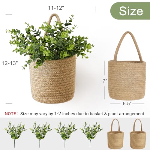 Dahey 2 Pack Wall Hanging Rope Basket (6.5"W×7"H) with Artificial Eucalyptus, Jute Woven Storage Organizer Flower Plants Basket Farmhouse Rustic Wall Decor for Porch Living Room Bedroom Entryway,Brown - size: 6.5"W×7"H