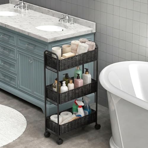 FOCHIER F Utility Slim Storage Cart,3-Tier Rolling Kitchen Office Laundry Room Cart,Mobile Shelving Unit Organizer for Living Room Bathroom Baby Diaper Narrow Places (Black, 3 Tiers-7.1 inch (W)) - color: Black