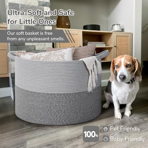 INDRESSME 115L Extra Large Blanket Basket, Cotton Rope Basket for Nursery Living Room, Decorative Woven Storage Baskets with Handles for Dirty Clothes, Toy Bin For Dog Toys, Grey - color: Light & Dark Grey, size: 23.6"D x 15.7"H