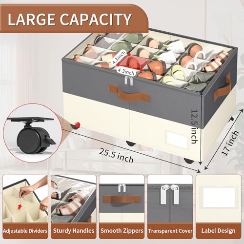 Foyego Shoe Organizer for Closet, Shoe Storage Organizer with Wheels and Adjustable Dividers, Stackable Shoe Storage Box with Clear Cover, Closet Shoe Organizer Fits up to 24-48 Pairs, Gray and Beige - color: Gray and Beige, size: 25 ½"L x 17"W x 12 ½"H
