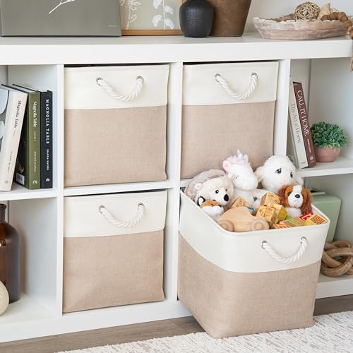 OrganiHaus 13x13 Cube Storage Bins 4 Pack, Foldable Cube Storage Organizer w/ Rope Handles, Collapsible Fabric Bins for Toys, Clothes & Closet Organization, Fabric Square Baskets - Beige/White - color: Beige Base / Off-White, size: 4 pcs (13x13)