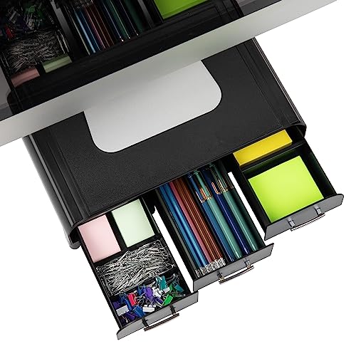 Mind Reader Monitor Stand, 3 Storage Drawers, Desktop Organizer, Riser, Office, 13.5"L x 13"W x 4"H, Set of 2, Black - size: 2 Pack