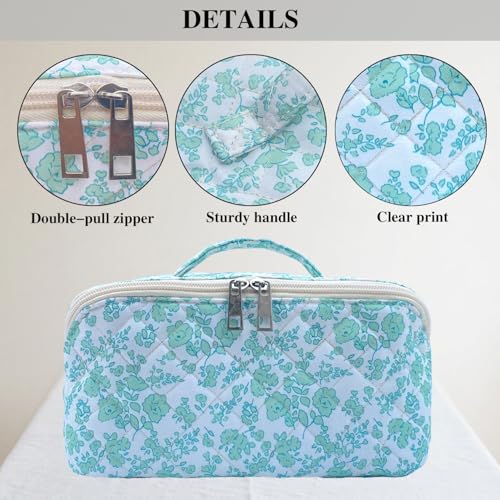 Green Large Quilted Floral Makeup Bag Cute Coquette Aesthetic Cosmetic Bag Open Flat Travel Toiletry Make up Bag for Women - color: C-lay flat green