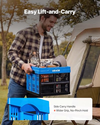 VEVOR Plastic Collapsible Storage Bins, 25L 3 Packs, Stackable Folding Storage Crates with Handles, Holds 22 lbs Per Bin, Foldable Heavy Duty Containers, Space-Saving Baskets, for Home Organizing - size: 25L-Blue-3PC
