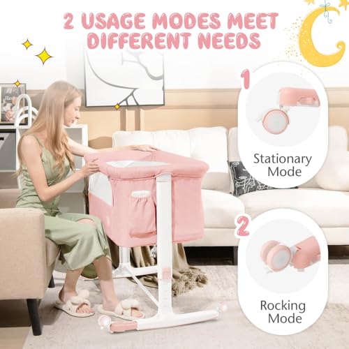BABY JOY Bassinet Bedside Sleeper, 3 in 1 Folding Crib w/Adjustable Height, Mattress, Lockable Wheels, Storage Pocket & Carry Bag for Infant Newborn, Stationary & Rock, Portable Baby Bassinet (Pink) - color: Pink