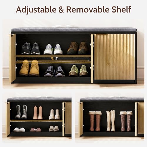 2-Tier Shoe Storage Bench with 3 Doors & Adjustable Shelf, Removable Padded Seat Cushion, 41.3" Entryway Bench for Living Room, Bedroom, Hallway – Wood Grain & Black Modern Farmhouse Design - color: Natural & Black, size: 41.3"