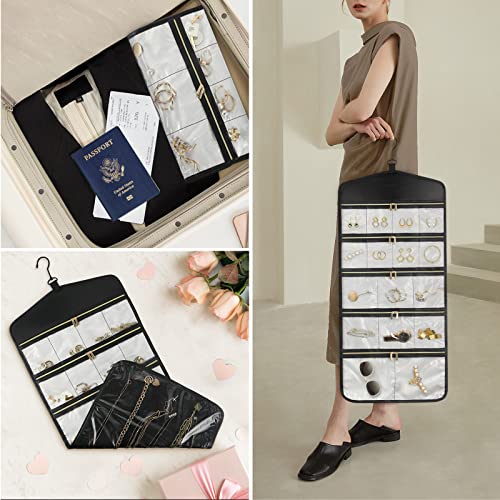 CHICECO Travel Jewelry Holder Organizer,Hanging Jewelry Organizer Storage With Zippered Pockets for Cloest,Wall,Door,Jewelry Holder for Earrings, Necklaces（Beige Black） - color: Beige Black