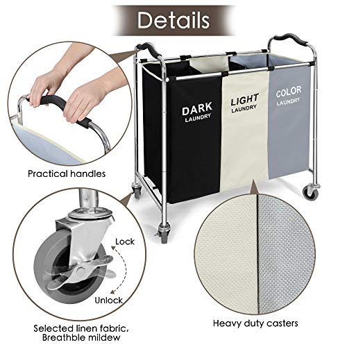 Laundry Basket with Wheels, 240l Laundry Hamper with 3 Section Laundry Bag for Dirty Clothes, Dorm Room Essentials, Towel Organization & Toys Storage Laundry Cart in Laundry Room Organization - color: White