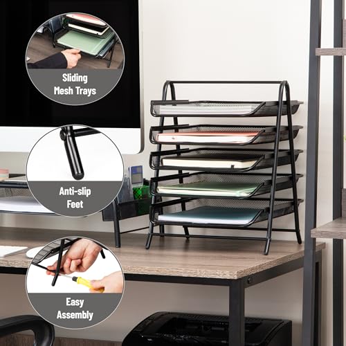 Mind Reader 5-Tier Paper Tray, Desktop Organizer, File Storage, Office, Metal Mesh, 11.75"L x 14"W x 15"H, Set of 2, Black - style: 5-Tier