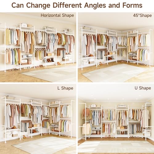 H6 Wall Mounted Closet System, Industrial Pipe Clothes Rack Clothing Racks with 6 Telescopic Rods & 3 Fixing Rods & 9 Shelves, Heavy Duty Closet Organizers and Storage in Wardrobe Closet (White) - color: White