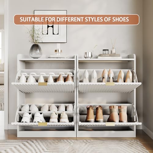 White Fluted Shoe Cabinet with 2 Flip Drawers, Narrow Shoe Storage Cabinet for Entryway, Freestanding Shoes Rack Organizer Cabinets with Adjustable Shelves for Entryway, Hallway - color: White, size: 2-Drawers