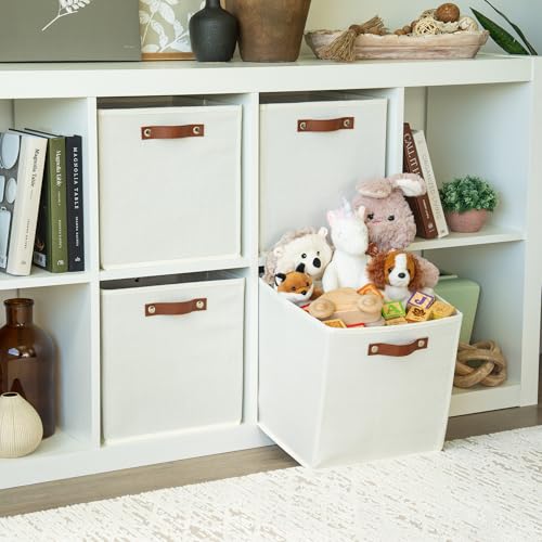 OrganiHaus White 12" x 12" x 12" Fabric Cube Storage Bins - Set of 4, Cube Fabric Organizer Bins with Vegan Handles, Kallax Storage Cubes, Cubbies Organizer Boxes, 12Inch Cubic Baskets for Shelves - color: Off-White, size: (12x12) Leather Handles