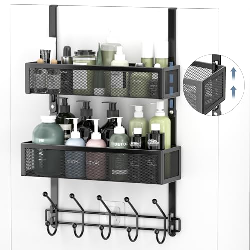 Adjustable Over The Door Hooks Organizer, Door Hanger Coat Rack with 2 Mesh Baskets and 10 Hooks, Back of Door Storage Organizer for Bedroom,Bathroom,Kitchen (Black) - color: Black-01, size: 2 Baskets
