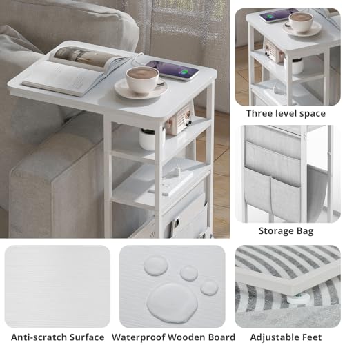 C Shaped End Table with Charging Station, 28"(H) 3-Tier C Table with Storage Bag, Under Couch Table C-Shaped End Table with Storage Shelves and Bag for Living Room, Bedroom, or Office - color: White, size: Wood--with Socket