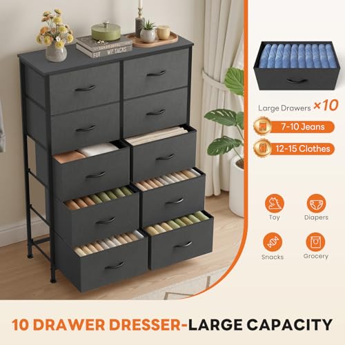 Sweetcrispy 10 Drawer Dresser, Tall Fabric Dresser for Bedroom, Storage Tower with Bins Chest Organizer Unit for Closet, Hallway, Steel Frame Wood Top, Easy Pull Handle, Grey - color: Grey