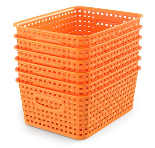 WYT 6-Pack Plastic Small Shelf Storage Weave Baskets Organizing for Cabinets and Pantries, Orange - color: Orange, size: 6-Pack