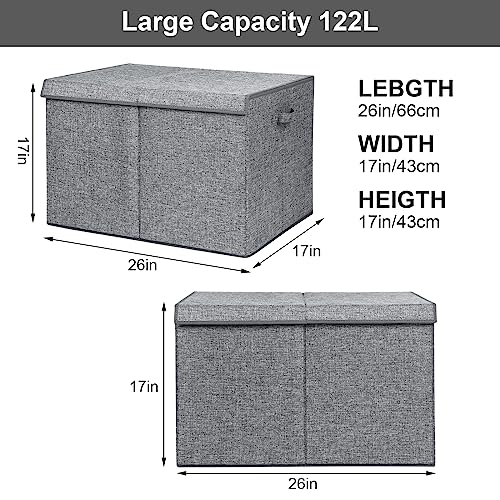 122L Large Toy Chest Box with Lid, Foldable Toy Storage Organizer Bin Boxes with Removable Divider for Kids, Boys, Girls, Nursery, Playroom, 26"x17" x17"(Linen Gray) - color: Extra Large Grey
