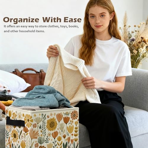 Boho Floral Storage Box Bins, Cottagecore Country Wildflower Botanical Collapsible Storage Basket Organizer for Bedroom Laundry Room Home Clothes Toys Books, Toybox for Girls - color: Floral J