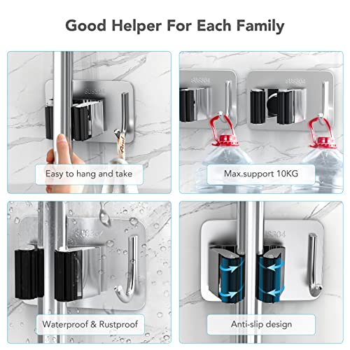 homeasy Mop Broom Holder No Drill, Mop Broom Organizer Wall Mounted Heavy Duty with Hooks Hanger, Self Adhesive Stainless Steel 4Pcs for Bathroom, Kitchen, Office (Multicolor) - color: Silver Mix