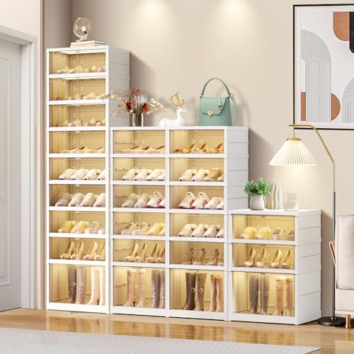 EHAMILY Foldable 9-Tier Shoe Rack Organizer for 18-36 Pairs - Collapsible Clear Plastic Shelf for Closet, Entrance or Front Door - Tall Stackable Folding Shoes Storage Boxes cabinet - size: 9 Tiers 36 Pairs