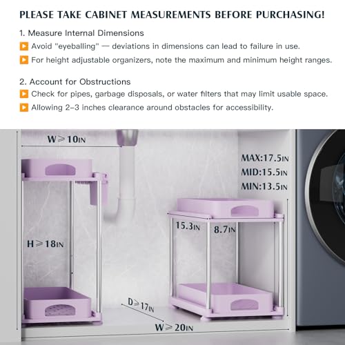 VERIFOST Under Sink Organizer - 2 Pack Adjustable Height, 2 Tier Organizers for Bathroom & Kitchen Sink, Purple - color: Purple