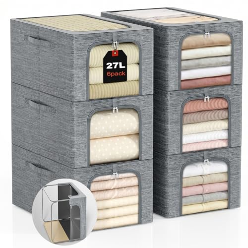 GoMaihe Clothes Storage Bins Metal Frame: 6-Pack Compact Stackable Closet Storage Bin with Lid & Clear Window, Space Saving Organizer for Sweaters Kids Clothing (Dorm/Closet 27L) - color: 6, size: 27L