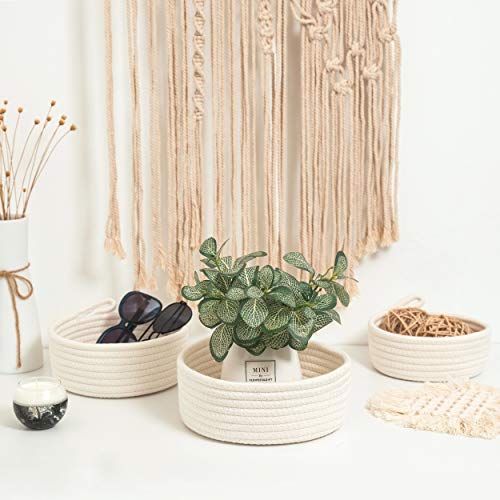 MINTWOOD Design Set of 3 Cotton Rope Nesting Bowls, Small Catch All Basket, Cute Closet Baskets and Bins for Shelves, Mini Table Basket Organizer for Small Accessories - color: Natural White