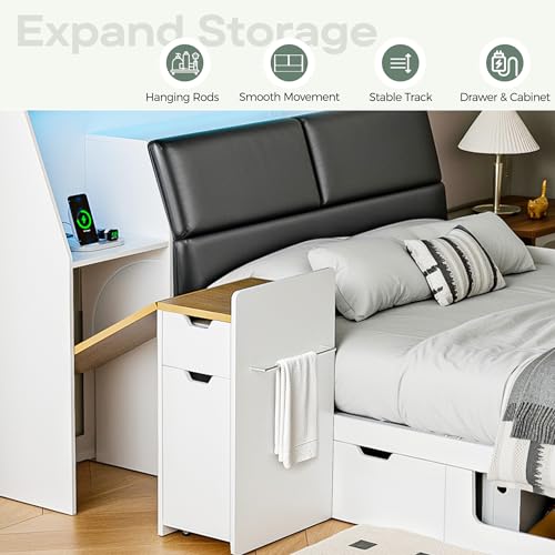 Kikihouse Queen Size Platform Bed with Foldable Desk & Storage Headboard | Bookshelf, 4 Drawers, LED Lights, USB Ports, No Box Spring Needed, Space-Saving - size: Queen
