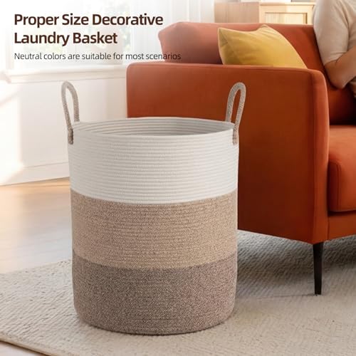 OIAHOMY Large Laundry Basket Hamper - 60L Cotton Rope Woven Basket for Blankets, Toys, Clothes - Tall Decorative Nursery Hamper with Long Handles, Gradient Brown - color: Gradient Brown, size: 60L