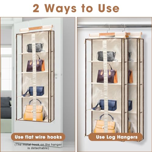 Silkfly 2 Pack Hanging Purse Organizer for Closet Clear Handbag Storage Hanger with Zipper Holder Over The Door Wardrobe Tote Bag Storage Holder for Bedrooms Living Room(Beige) - color: Beige