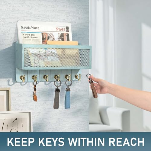 Rebee Vision Pine Wood Key Holder Wall Mount – Key Holder for Wall with Hooks and Mail Basket for Entryway – Home Improvement Gift Wooden Storage Shelf for Keys & Letters (Blue) - color: Blue
