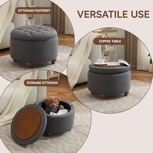 WUTUTUEE 24Inch Round Storage Ottoman with Tray, Modern Tufted Fabric Circle Coffee Table with Storage, Upholstered Ottoman with Removable Top for Living Room, Bedroom, Dark Grey - color: Dark Grey, size: 24 Inch