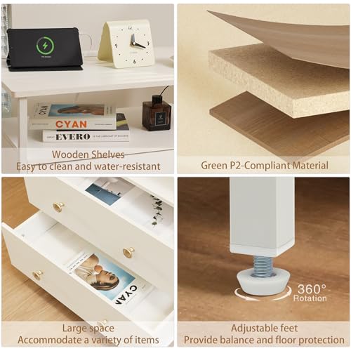 Edbuosy 27 inch Wide Night Stand Set 2 with Charging Station, Bedside Table with Open Shelf, 2 Drawers Small Wood Dresser, Modern Wood Nightstand for Bedroom/Living Room (White) - color: 2 Pack, White, size: 2 Drawers