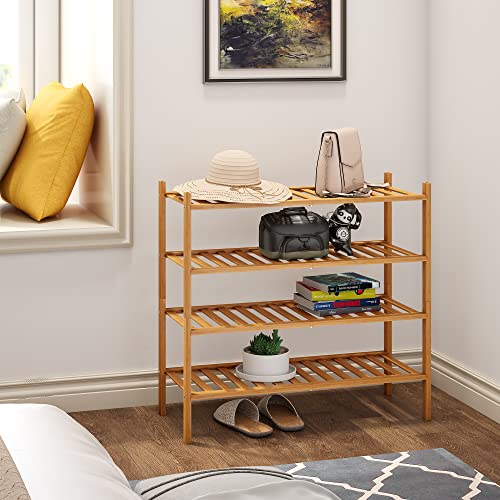 BMOSU 4-Tier Bamboo Shoe Rack Premium Stackable Shoe Shelf Storage Organizer for Hallway Closet Living Room Entryway Organizer (Natural Bamboo) - color: Natural Bamboo, size: 4-Tier（27*11*25.2inches）