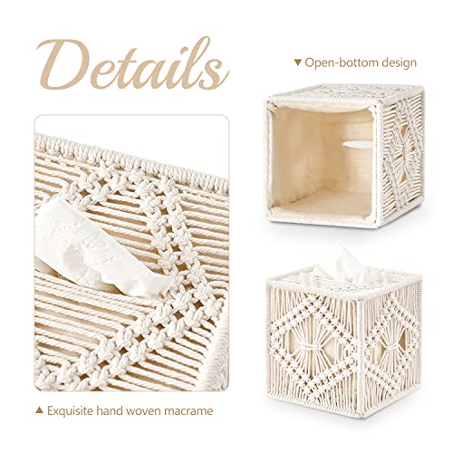 Mkono Tissue Box Cover Macrame Square Open-Bottom Tissue Box Holder Boho Decor Tissue Organizer Bohemian Handmade Woven Tissue Cube Box for Bathroom Bedroom Dresser Living Room Office Dorm, Ivory - color: Ivory