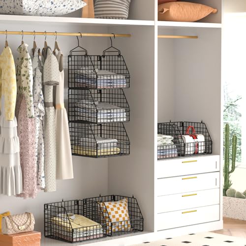 PUPPYCUTE Larger & Deeper Hanging Storage Basket, Closet Organizers and Storage, Hanging Shelves Wire Baskets for Clothing Sweaters Purse Handbags Shoes Black 3 Tier - color: Black-3pcs (Big)