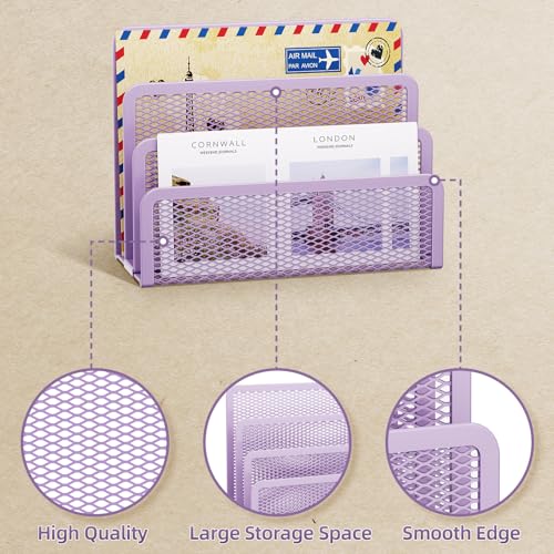 Marbrasse Mail Organizer for Desk, 3-Slot Mesh Metal Mail Holder countertop, Letter Holder, Office Desktop Envelope and Document Storage Rack (Purple) - color: Purple